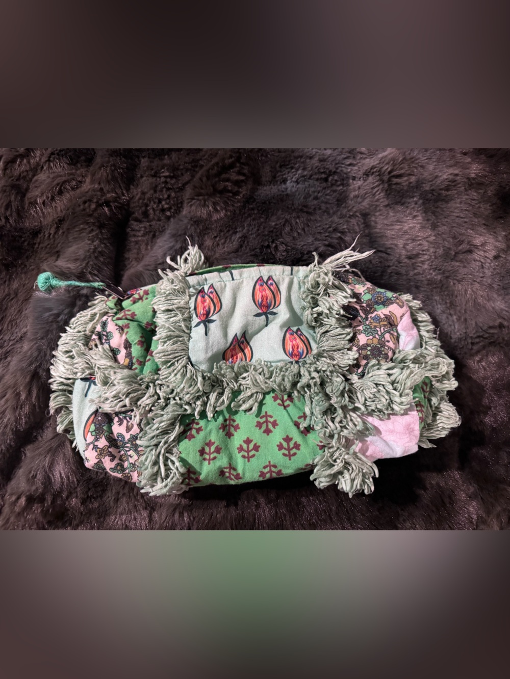Anthropologie Green Patchwork Shag Fringe Boho Clutch Bag